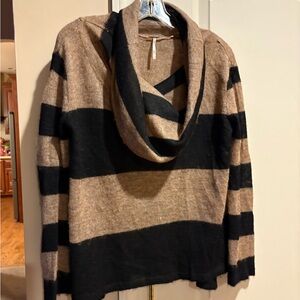 Free People Black and Tan Striped Cowl Neck Sweater